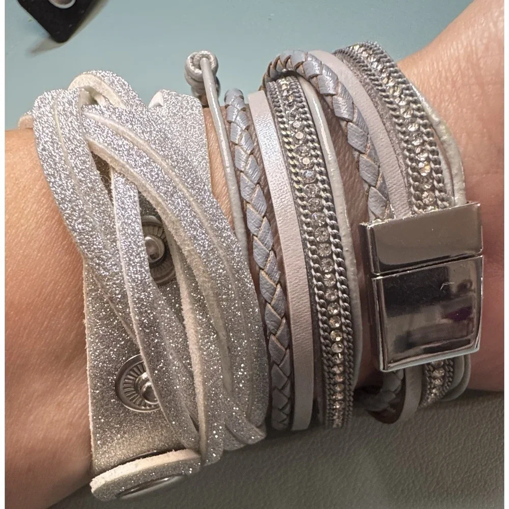 4 Piece Bracelet Stack Lot Wraps Rhinestones Pearls Leather